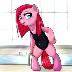 Size: 1000x1000 | Tagged: dead source, safe, artist:ushiro no kukan, pinkie pie, g4, clothes, female, one-piece swimsuit, pinkamena diane pie, solo, swimming pool, swimsuit