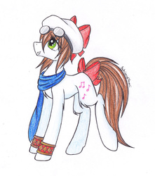 Size: 1024x1156 | Tagged: safe, artist:schizoidtomii, artist:tomiipl, oc, earth pony, pony, bow, clothes, cornet, earth pony oc, fluffy, goggles, grin, hat, ponified, raised leg, rhapsody: a musical adventure, scarf, simple background, smiling, tail bow, traditional art, white background