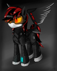 Size: 3442x4320 | Tagged: safe, artist:koshakevich, oc, oc only, oc:blackjack, alicorn, cyborg, pony, unicorn, fallout equestria, fallout equestria: project horizons, alicorn oc, amputee, cybernetic legs, level 4 (alicorn eclipse) (project horizons), solo