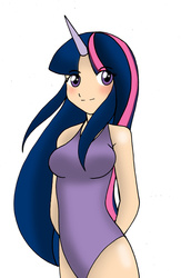 Size: 1024x1566 | Tagged: safe, artist:koku-chan, twilight sparkle, human, unicorn, g4, clothes, female, horn, horned humanization, humanized, one-piece swimsuit, solo, swimsuit