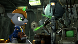 Size: 1920x1080 | Tagged: safe, artist:d0ntst0pme, oc, oc only, oc:littlepip, pony, robot, unicorn, fallout equestria, 3d, buzzsaw, circular saw, clothes, computer, fallout, fanfic, fanfic art, female, glowing horn, hooves, horn, jumpsuit, levitation, magic, mare, mister handy, open mouth, pipbuck, power cell, repairing, screwdriver, solo, source filmmaker, telekinesis, terminal, tongue out, toolbox, tools, vault suit, wrench