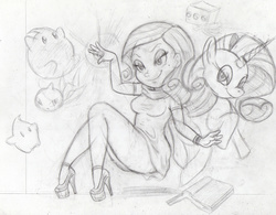 Size: 1000x778 | Tagged: safe, artist:todd18, rarity, human, luma, g4, book, clothes, crossover, dress, humanized, monochrome, nintendo, pencil drawing, sega, sketch, smiling, sonic colors, sonic the hedgehog (series), super mario bros., super mario galaxy, traditional art, wisp