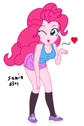 Size: 1023x1529 | Tagged: safe, artist:sumin6301, pinkie pie, equestria girls, g4, blowing a kiss, blue sports bra, breasts, cleavage, clothes, female, heart, kissing, midriff, shoes, shorts, simple background, sleeveless, solo, sports bra, tank top, transparent background