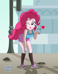 Size: 1439x1833 | Tagged: safe, artist:sumin6301, pinkie pie, equestria girls, g4, blowing a kiss, breasts, cleavage, clothes, female, heart, kissing, looking at you, midriff, one eye closed, open mouth, shorts, solo, stockings, tank top