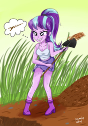 Size: 3035x4299 | Tagged: safe, artist:sumin6301, starlight glimmer, equestria girls, g4, belly button, cleavage, clothes, digging, equestria girls-ified, female, midriff, s5 starlight, shovel, skirt, solo, staff, staff of sameness, sweat, tank top