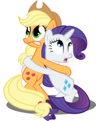 Size: 1008x1272 | Tagged: safe, artist:spellboundcanvas, applejack, rarity, earth pony, pony, unicorn, g4, look before you sleep, fear hug, female, hug, mare, scared, simple background, transparent background