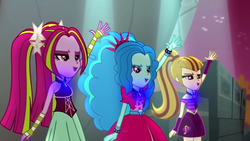 Size: 1366x768 | Tagged: safe, color edit, edit, edited screencap, screencap, adagio dazzle, aria blaze, sonata dusk, siren, equestria girls, g4, my little pony equestria girls: rainbow rocks, bare shoulders, colored, g major, inverted, inverted colors, sleeveless, the dazzlings, wat, welcome to the show