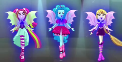Size: 1366x695 | Tagged: safe, color edit, edit, screencap, adagio dazzle, aria blaze, sonata dusk, equestria girls, g4, my little pony equestria girls: rainbow rocks, bare shoulders, colored, fin wings, g major, inverted, inverted colors, ponied up, sleeveless, the dazzlings, the rainbooms, wat, welcome to the show