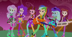 Size: 1364x701 | Tagged: safe, screencap, applejack, fluttershy, pinkie pie, rainbow dash, rarity, sunset shimmer, twilight sparkle, equestria girls, g4, my little pony equestria girls: rainbow rocks, bass guitar, battery, drum kit, drums, female, g major, inverted, inverted colors, keytar, microphone, musical instrument, tambourine, the rainbooms, wat, welcome to the show