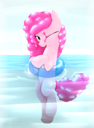 Size: 1444x1972 | Tagged: safe, artist:mgmax, pinkie pie, earth pony, pony, g4, female, inner tube, one eye closed, smiling, solo, squint, swimming, water, wet mane