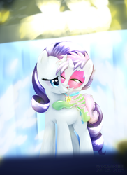 Size: 1092x1503 | Tagged: safe, artist:mgmax, rarity, sweetie belle, pony, unicorn, g4, the show stoppers, alternate hairstyle, female, hug, makeup, medal, ponies riding ponies, projector, riding, show stopper outfits, sibling love, sisterly love, sisters, smiling, squint, stage, sweetie belle riding rarity