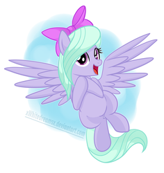 Size: 1884x2000 | Tagged: safe, artist:xwhitedreamsx, flitter, pegasus, pony, g4, bow, female, flying, hair bow, mare, solo