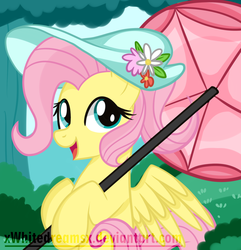 Size: 1670x1732 | Tagged: safe, artist:xwhitedreamsx, fluttershy, g4, alternate hairstyle, female, flower, hat, solo, umbrella