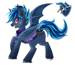 Size: 1024x890 | Tagged: safe, artist:skjolty, oc, oc only, oc:emile nightcaster, bat pony, pony, armor, butt, cutie mark, female, grin, guardsmare, looking at you, mare, night guard, plot, royal guard, simple background, solo, transparent background, unshorn fetlocks