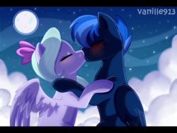 Size: 1600x1200 | Tagged: dead source, safe, artist:spookyle, flitter, oc, oc:northern star, pegasus, pony, g4, blushing, canon x oc, cloud, cloudy, duo, eyes closed, female, kiss on the lips, kissing, male, mare, moon, night, shipping, stallion, straight