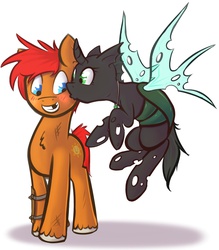 Size: 1624x1855 | Tagged: safe, artist:itspencilguy, oc, oc only, oc:happy days, oc:love blossom, changeling, fallout equestria, blushing, fanfic art, female, green changeling, kissing