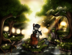 Size: 1024x785 | Tagged: safe, artist:digitalcyn, octavia melody, g4, cello, female, forest, musical instrument, solo, water