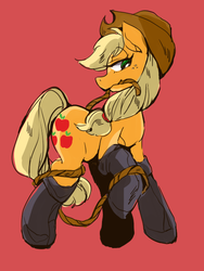 Size: 480x640 | Tagged: safe, artist:wan, applejack, earth pony, pony, g4, clothes, cowboy hat, female, fireproof boots, freckles, hat, mare, raised hoof, red background, rope, simple background, solo, stetson
