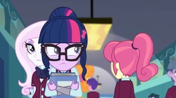 Size: 1275x713 | Tagged: safe, screencap, fleur-de-lis, sci-twi, twilight sparkle, human, equestria girls, g4, my little pony equestria girls: friendship games, animation error, clothes, crystal prep academy uniform, eyeshadow, female, glasses, hair bun, makeup, necktie, ponytail, school tie, school uniform