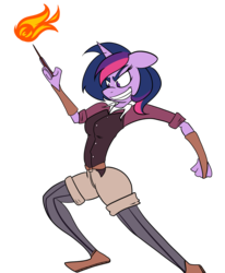 Size: 1280x1557 | Tagged: safe, artist:shadowringslair, twilight sparkle, oc, oc:stardust nova, anthro, ultimare universe, g4, adventurer, alternate universe, clothes, female, fireball, grin, solo, wand