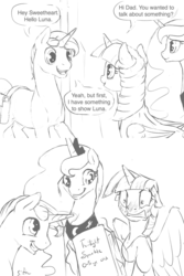 Size: 1280x1920 | Tagged: safe, artist:silfoe, night light, princess luna, twilight sparkle, alicorn, pony, royal sketchbook, g4, female, grayscale, lesbian, mare, monochrome, ship:twiluna, shipping, sketch, twilight sparkle (alicorn)