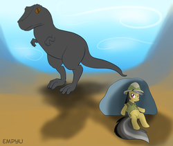 Size: 1000x845 | Tagged: safe, artist:empyu, daring do, allosaurus, dinosaur, pegasus, pony, tyrannosaurus rex, g4, hiding, rock