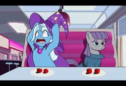 Size: 1280x880 | Tagged: safe, artist:thedigodragon, maud pie, trixie, earth pony, pony, unicorn, g4, apple, booth, crossover, diner, duo, duo female, female, food, keystone motel, lesbian, mare, plate, scene interpretation, ship:mauxie, shipping, steven universe, yelling