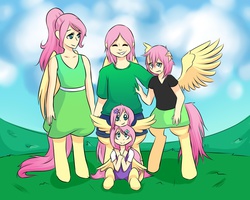 Size: 2000x1600 | Tagged: safe, artist:cups, derpibooru exclusive, oc, oc only, oc:fauna, oc:flora, oc:ivy, oc:thorn, oc:timber, human, satyr, clothes, dress, family, humanized, offspring, parent:fluttershy, siblings, skirt, twins