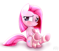 Size: 3000x2600 | Tagged: safe, artist:heavymetalbronyyeah, pinkie pie, earth pony, pony, blushing, clothes, cute, cuteamena, female, filly, high res, light, looking at you, pinkamena diane pie, simple background, smiling, socks, solo, striped socks, underhoof, white background, younger