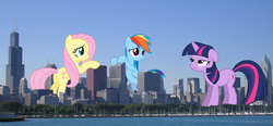 Size: 1750x810 | Tagged: safe, artist:sapphire-beauty0, artist:theotterpony, artist:thorinair, artist:xpesifeindx, fluttershy, rainbow dash, twilight sparkle, pony, g4, building, chicago, city, floppy ears, giant pony, giant rainbow dash, illinois, macro, mega twilight sparkle, mega/giant rainbow dash, story included, trio