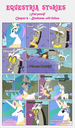 Size: 1919x3245 | Tagged: safe, artist:estories, discord, princess celestia, alicorn, draconequus, pony, comic:find yourself, g4, comic, teleportation