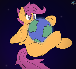 Size: 1600x1440 | Tagged: safe, artist:gamefreakdx, scootaloo, pegasus, pony, g4, earth, giant pony, macro, pony bigger than a planet, size difference