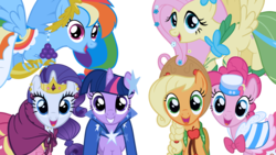 Size: 5333x3000 | Tagged: safe, artist:wakkaex, applejack, fluttershy, pinkie pie, rainbow dash, rarity, twilight sparkle, earth pony, pegasus, pony, unicorn, g4, the best night ever, clothes, cute, dress, female, gala, gala dress, jewelry, mane six, simple background, tiara, transparent background, vector