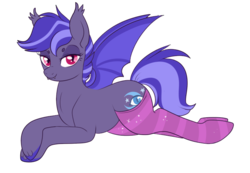 Size: 722x500 | Tagged: safe, artist:lulubell, oc, oc only, oc:night watch, bat pony, pony, bat pony oc, bat wings, clothes, female, looking at you, lying down, mare, simple background, socks, solo, striped socks, transparent background, wings