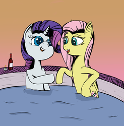 Size: 1035x1051 | Tagged: safe, artist:flutteriot, fluttershy, rarity, g4, candle, hot tub, spa, wine