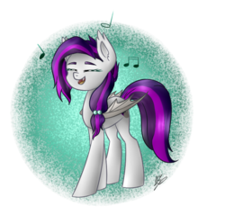 Size: 696x666 | Tagged: safe, artist:peaceouttopizza23, oc, oc only, oc:sweet hum, bat pony, pony, eyes closed, fangs, music notes, singing