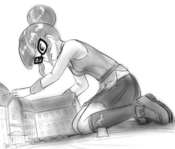 Size: 952x809 | Tagged: safe, artist:alloyrabbit, sci-twi, twilight sparkle, equestria girls, g4, boots, building, canterlot high, clothes, experiment, female, giantess, glasses, grayscale, looking down, macro, magic, monochrome, skirt, solo