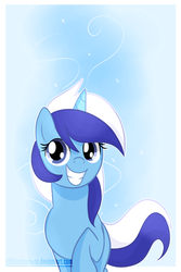 Size: 2000x3000 | Tagged: safe, artist:xwhitedreamsx, minuette, pony, unicorn, g4, big grin, female, grin, high res, raised hoof, smiling, solo