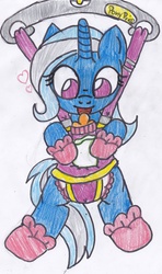 Size: 2009x3386 | Tagged: safe, artist:cuddlelamb, trixie, pony, unicorn, g4, babiron, baby bouncer, cute, diaper, female, filly, high res, mare, pony price company, solo, traditional art, twix-e