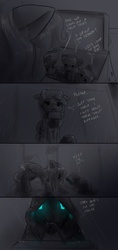 Size: 935x1980 | Tagged: safe, artist:alloyrabbit, excel (g4), mayor mare, outlook (g4), powerpoint (g4), oc, oc:alloy, robot, g4, comic, dark, dialogue, glowing eyes, micro, rain