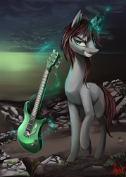 Size: 2233x3114 | Tagged: safe, artist:alumx, oc, oc only, pony, unicorn, electric guitar, guitar, high res, magic, musical instrument, solo