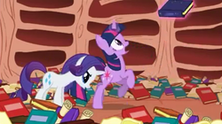 Size: 589x329 | Tagged: safe, screencap, rarity, twilight sparkle, pony, unicorn, g4, sonic rainboom (episode), book, female, horn, horn poke, literal butthurt, mare, pain, poking