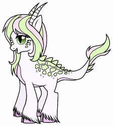 Size: 710x788 | Tagged: safe, artist:unoriginai, oc, oc only, oc:lotus lullaby, dracony, hybrid, pony, cute, fangs, female, interspecies offspring, mare, offspring, open mouth, parent:spike, parent:sweetie belle, parents:spikebelle, simple background, smiling, solo, unshorn fetlocks, white background