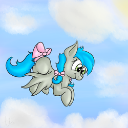 Size: 3000x3000 | Tagged: safe, artist:laptopbrony, oc, oc only, oc:darcy sinclair, bow, chest fluff, cloud, cloudy, cute, flying, high res, sky, solo, tail bow