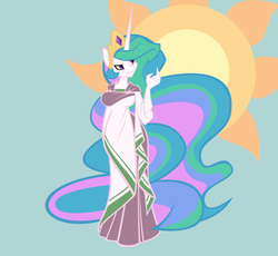 Size: 1623x1494 | Tagged: safe, artist:rubbermage, princess celestia, anthro, g4, female, robes, simple background, smiling, solo