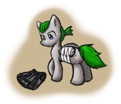 Size: 500x429 | Tagged: safe, artist:zutcha, oc, oc only, oc:wanderlust, pegasus, pony, fanfic:founders of alexandria, fanfic:the last pony on earth, ponies after people, bandage, cutie mark, hooves, illustration, male, ponytail, solo, stallion, wings