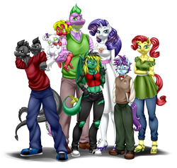 Size: 1200x1140 | Tagged: safe, artist:pia-sama, opalescence, rarity, spike, oc, oc:citrine, oc:jade, oc:obsidian, oc:onyx, oc:ruby, oc:topaz, dracony, hybrid, anthro, plantigrade anthro, g4, clothes, converse, family, feet, female, interspecies offspring, male, offspring, older, older spike, parent:rarity, parent:spike, parents:sparity, sandals, ship:sparity, shipping, shoes, straight, two heads, two-headed dragon