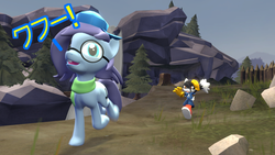 Size: 1280x720 | Tagged: safe, artist:jeijei, oc, oc:aural harmony, earth pony, pony, 3d, accessory theft, ambiguous gender, angry, awesome face, clothes, crossover, female, glasses, hat, japanese, klonoa, mare, running, scarf, source filmmaker, stealing, team fortress 2, trotting