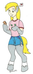 Size: 628x1414 | Tagged: safe, artist:cqmorrell, derpy hooves, human, pegasus, pony, g4, 4chan, arm hooves, clothes, denim, denim shorts, eating, female, heart, human to pony, mare, mid-transformation, muffin, ripped shorts, shorts, signature, simple background, solo, speech bubble, t-shirt, traditional art, transformation, white background