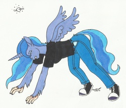 Size: 1266x1086 | Tagged: safe, artist:cqmorrell, princess luna, alicorn, human, pony, were-pony, g4, all fours, clothes, denim, eyes closed, full moon, gritted teeth, human to pony, jeans, mid-transformation, moon, pants, ripped, ripped shirt, shirt, signature, simple background, solo, spread wings, tail, tail hole, traditional art, transformation, white background, wing hole, wings